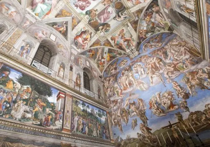 Réalisée par Michel-Ange, la fresque Le Jugement Dernier de la chapelle Sixtine connaît sa plus grande rénovation. KEYSTONE - MUSEI VATICANI/ANSA/CLAUDIO PERI